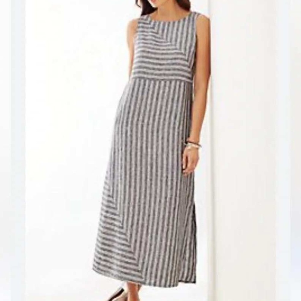 J.Jill Love Linen Gray Asymmetric Striped Sleeveless Midi Dress Large Petite